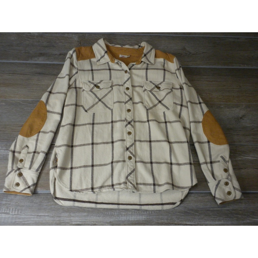 Faherty Daly Shirt Womens L Cream Olivia Plaid Flannel Corduroy Elbow Patch Yoke